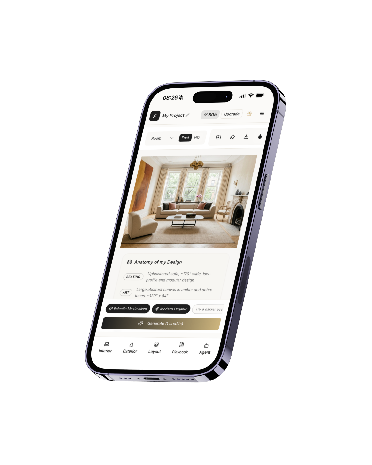 Framehouse design platform shown on iPhone with a living room transformation