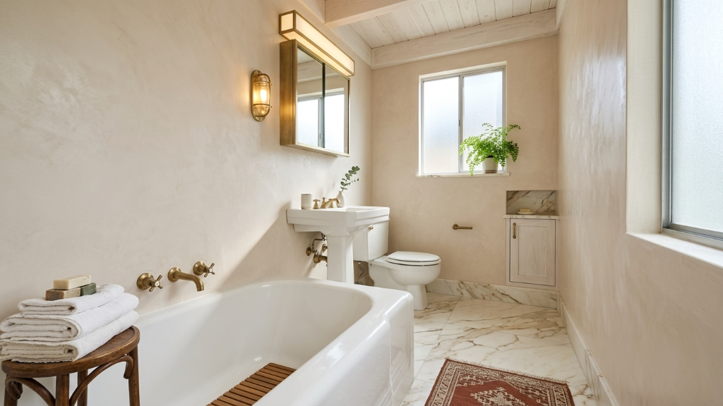 Warm marble bathroom with lime-washed walls and brass fixtures