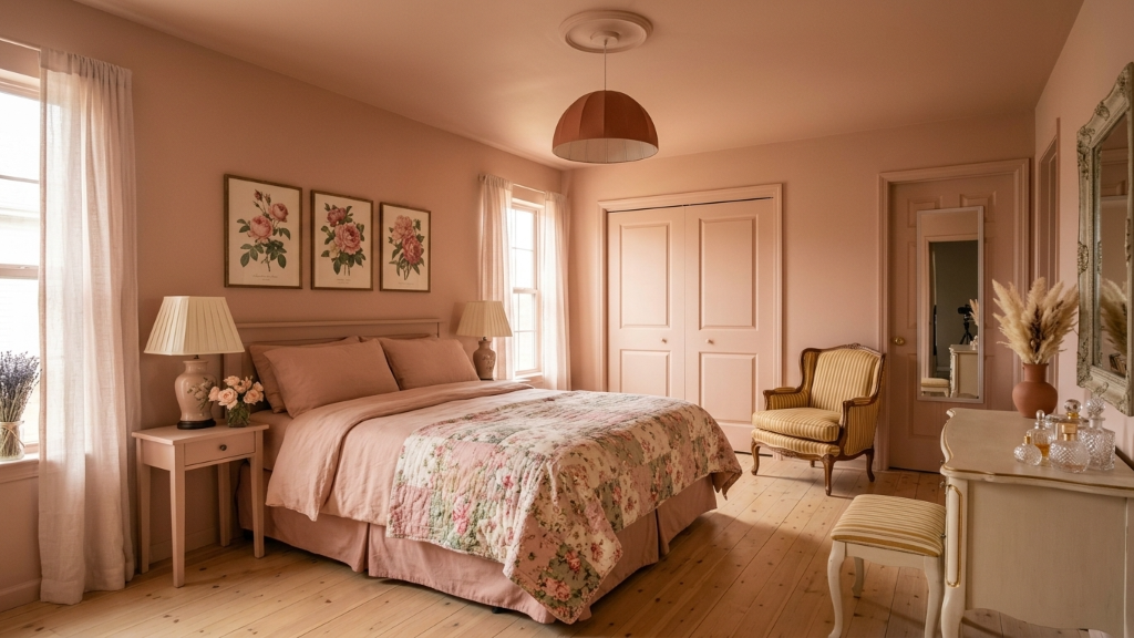 Romantic blush cottage bedroom with botanical prints