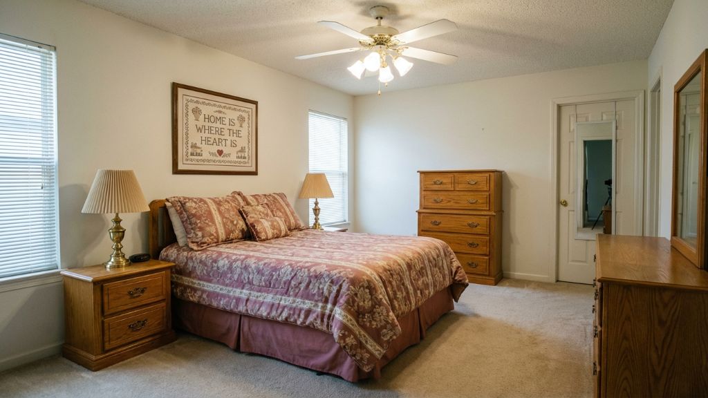 Dated bedroom with oak furniture and ceiling fan
