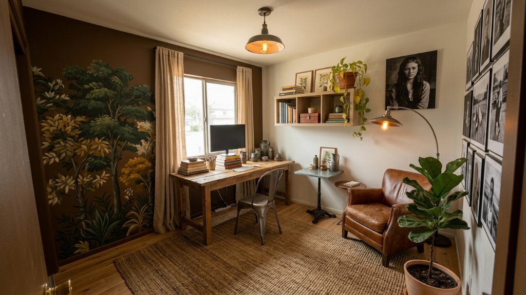 Moody botanical home office with tree mural, reclaimed wood desk, and leather reading chair