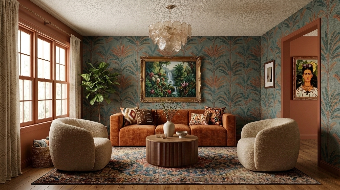 Bold tropical maximalist living room with palm wallpaper