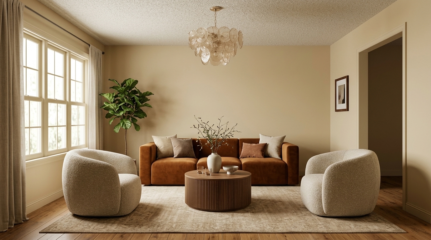 Neutral living room with bouclé chairs and camel sofa