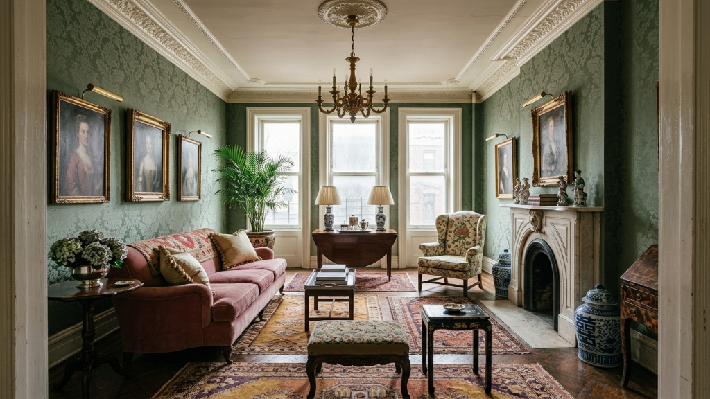 Restored brownstone parlor with green damask and velvet sofa