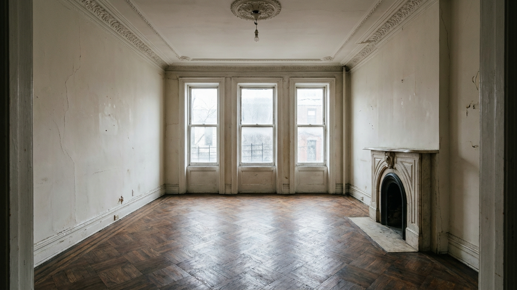 Empty brownstone parlor with cracked walls and herringbone floors