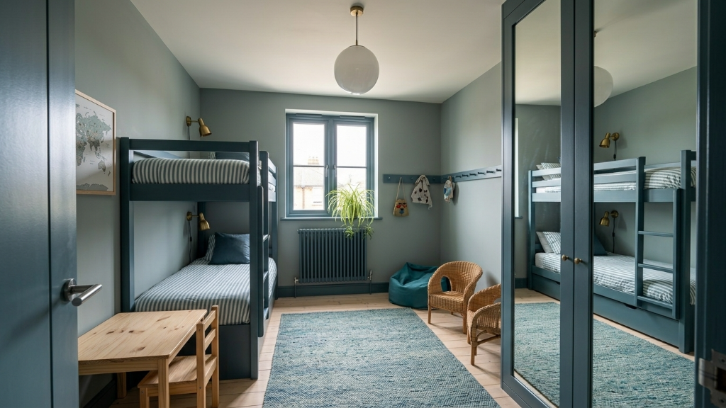 Charming slate blue bunk room with oak floors, woven rug, and children's furniture