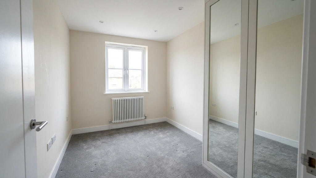 Empty beige bedroom with grey carpet and mirrored wardrobe doors