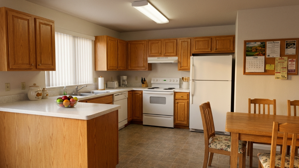 Dated kitchen with oak cabinets and white appliances