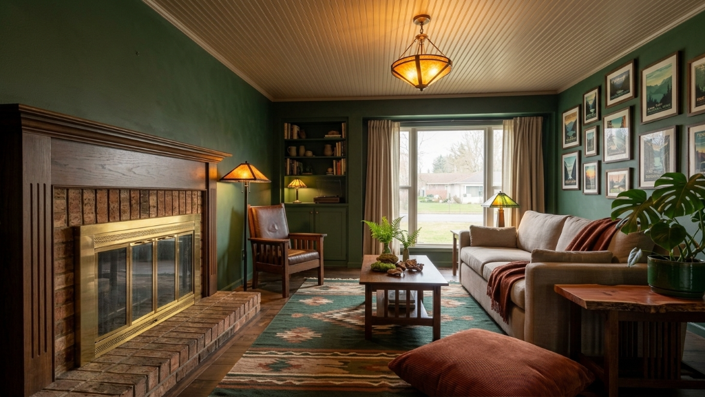 Arts and Crafts living room with green walls, mission furniture, and Craftsman lamps
