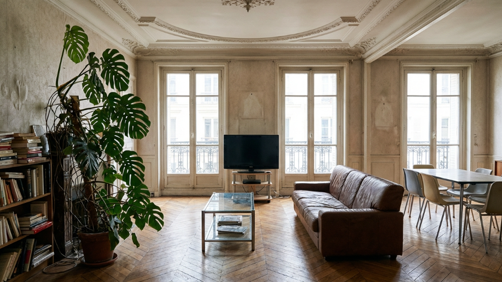 Faded Haussmann apartment with leather sofa and monstera