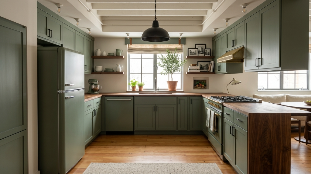 Modern farmhouse kitchen with sage green cabinets and butcher block counters