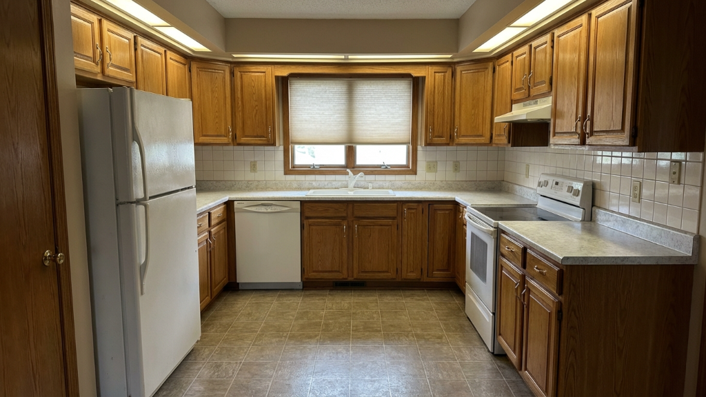 Dated kitchen with oak cabinets and white appliances