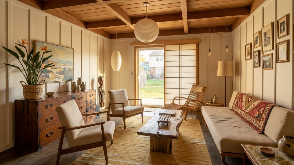 Globally-inspired living room with board-and-batten walls, tansu chest, and shoji doors