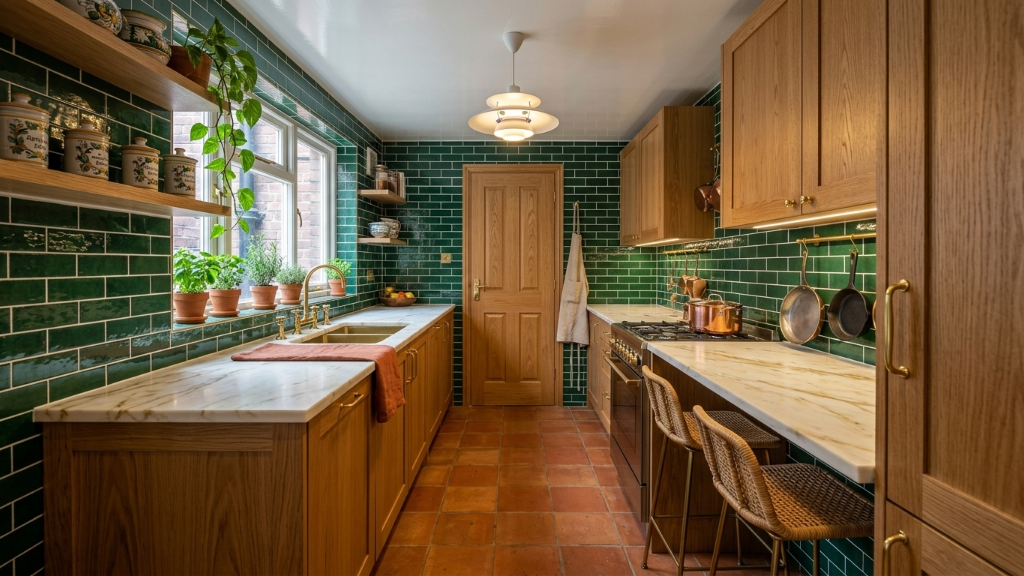 Vibrant galley kitchen with emerald green tile, oak cabinets, and terracotta floors