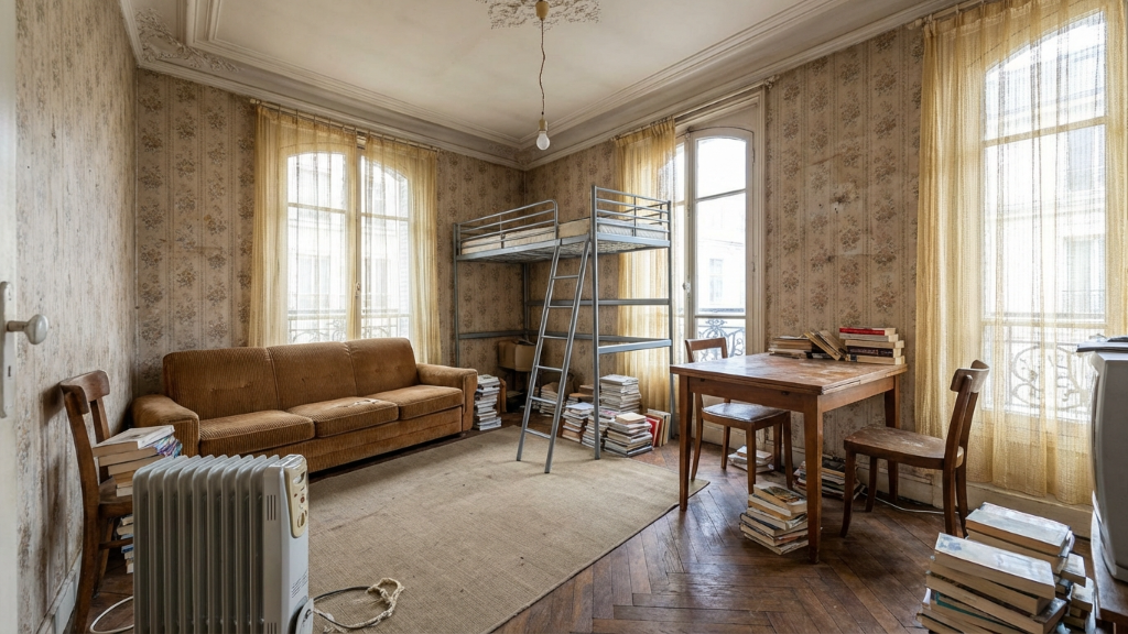 Cluttered Haussmann apartment with bunk bed and books