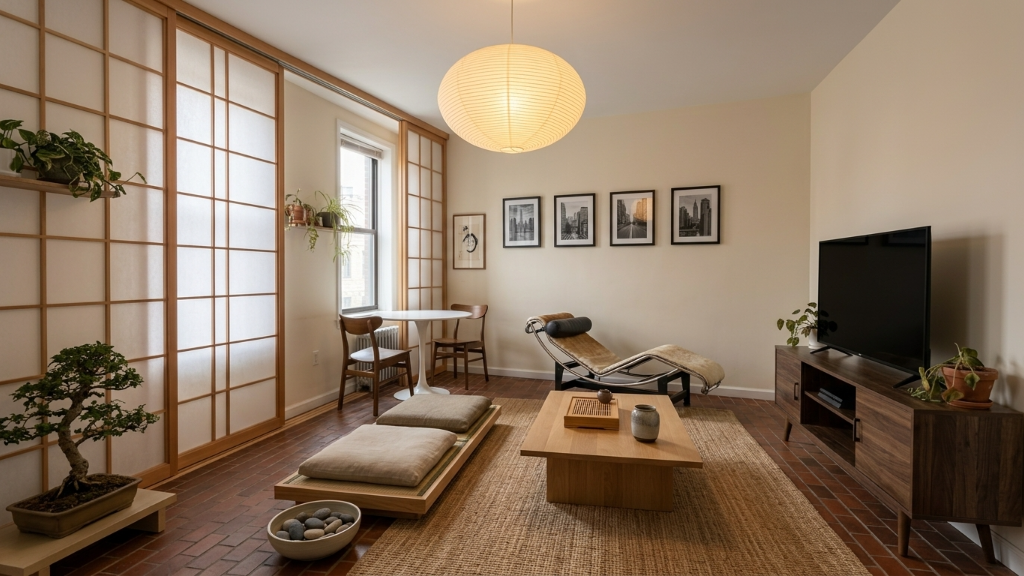 Serene Japandi living room with shoji screens, Noguchi pendant, and floor cushion seating