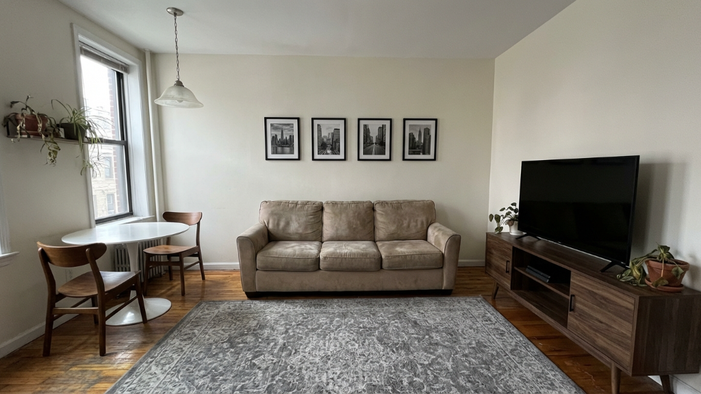 Standard apartment living room with beige sofa