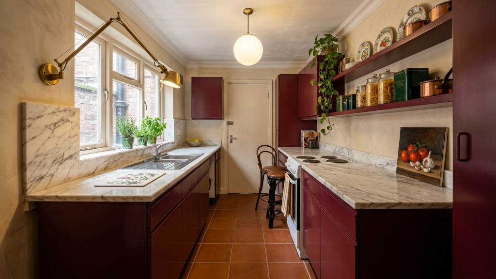 Modern kitchen with burgundy cabinets and marble counters