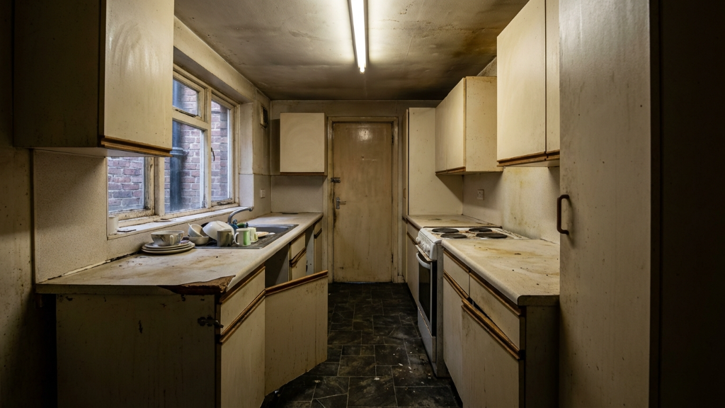 Worn galley kitchen before redesign
