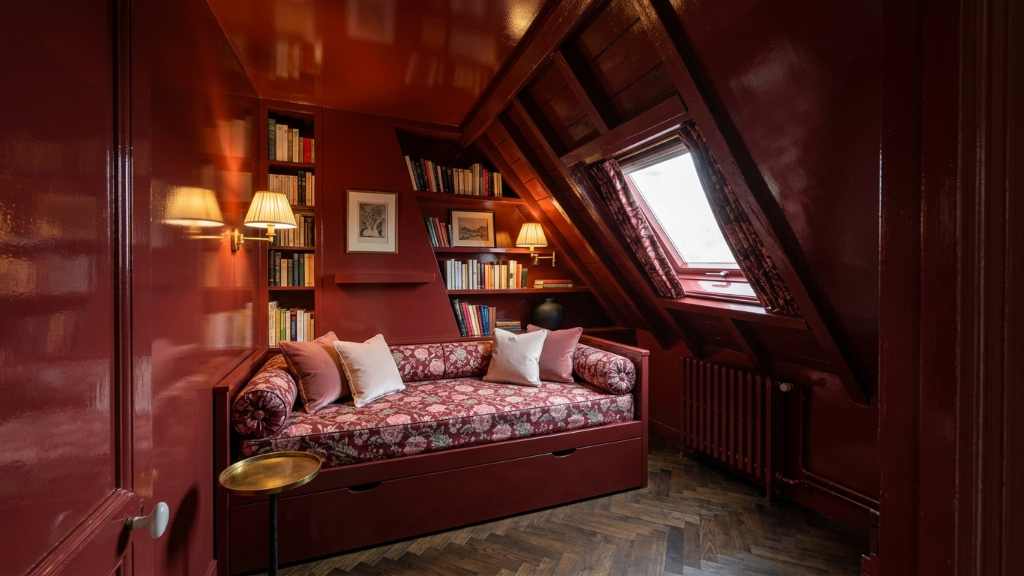 Crimson library nook with built-in shelves, daybed, and herringbone floors