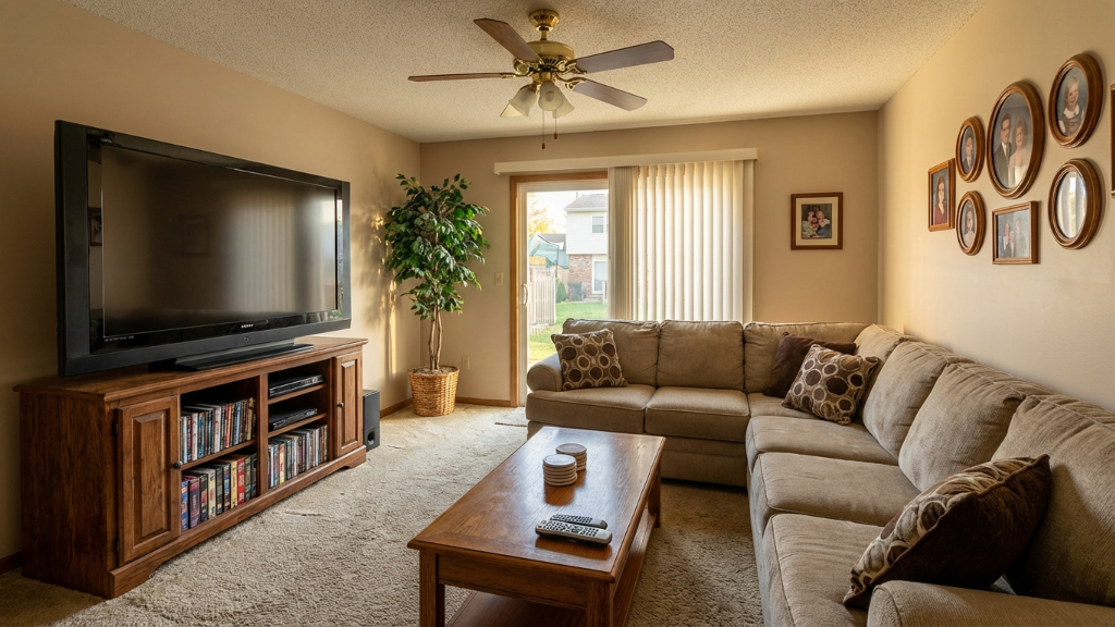 Dated family room with ceiling fan