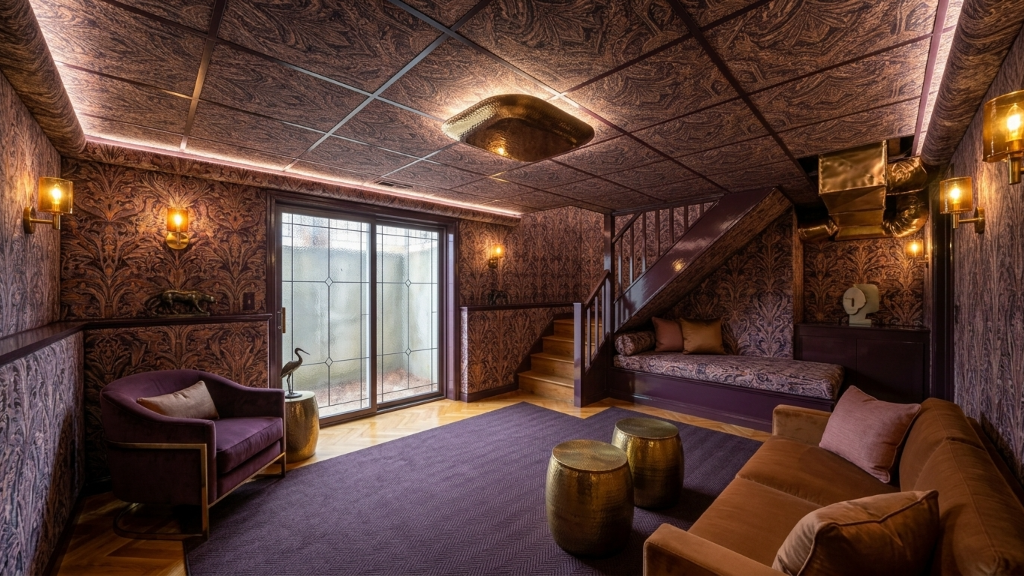 Opulent lounge with William Morris wallpaper, velvet furniture, and brass accents