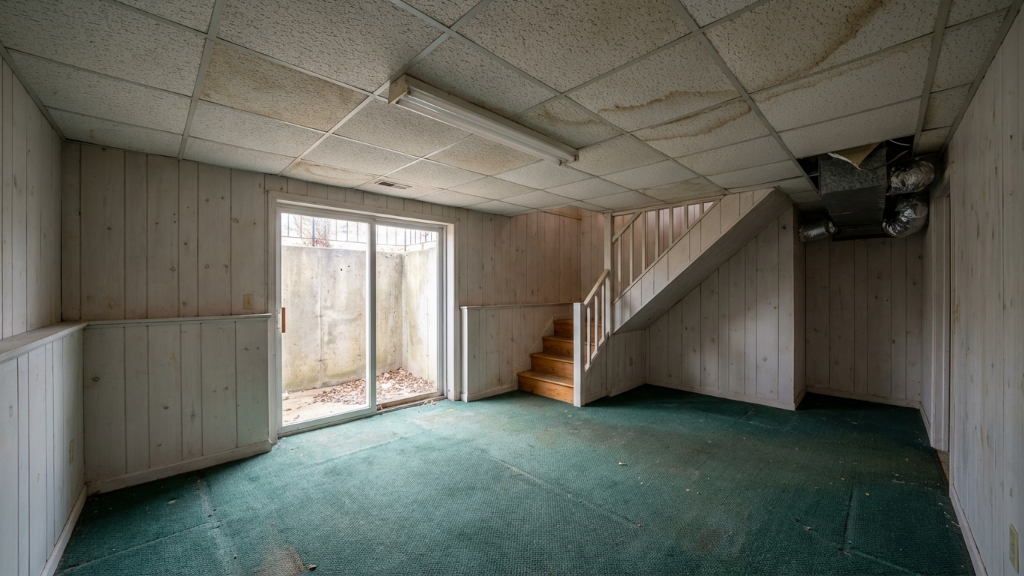Neglected basement with green carpet, drop ceiling, and sliding glass door
