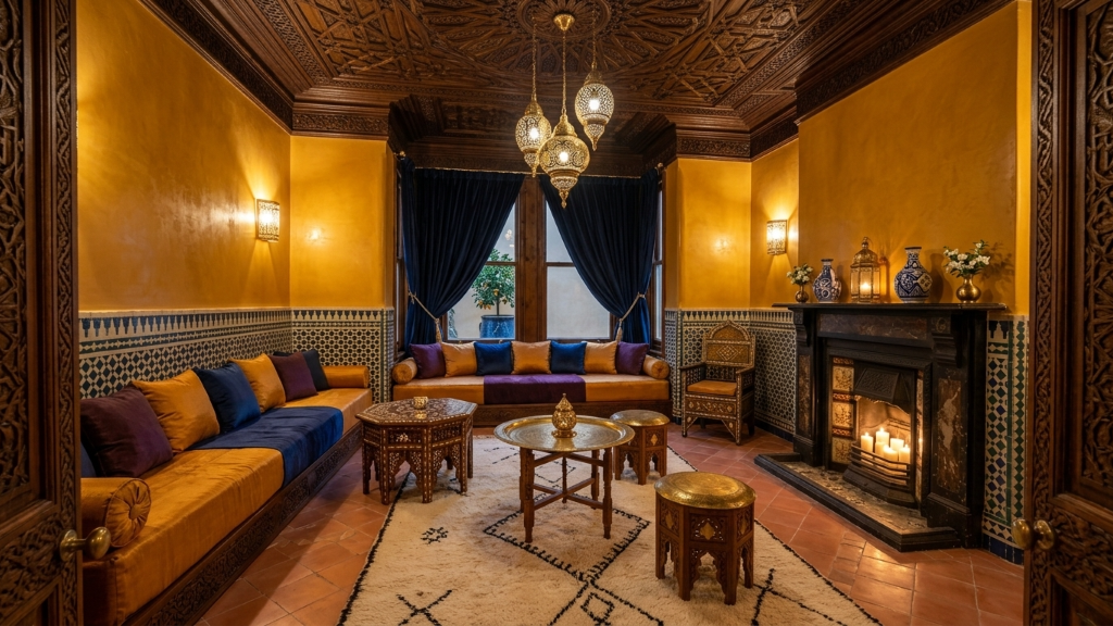 Golden Moroccan riad with zellige tiles, brass lanterns, and velvet seating