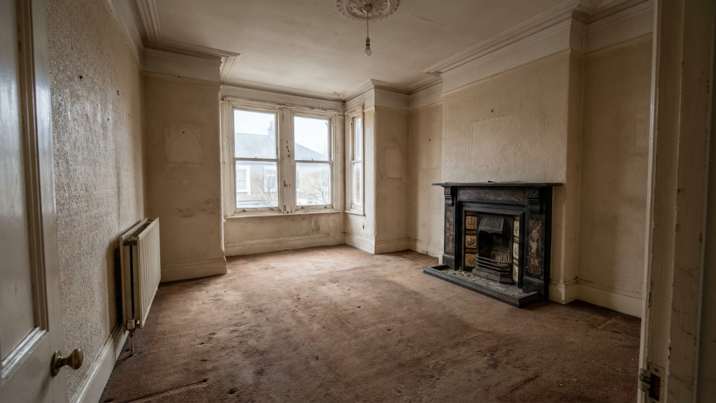 Empty Victorian parlor with cast-iron fireplace and stained carpet