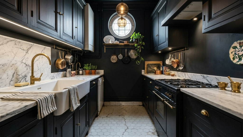Moody navy kitchen with marble countertops, brass hardware, and industrial pendant