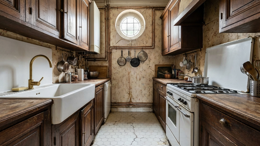 Dated kitchen with worn wood cabinets and porthole window