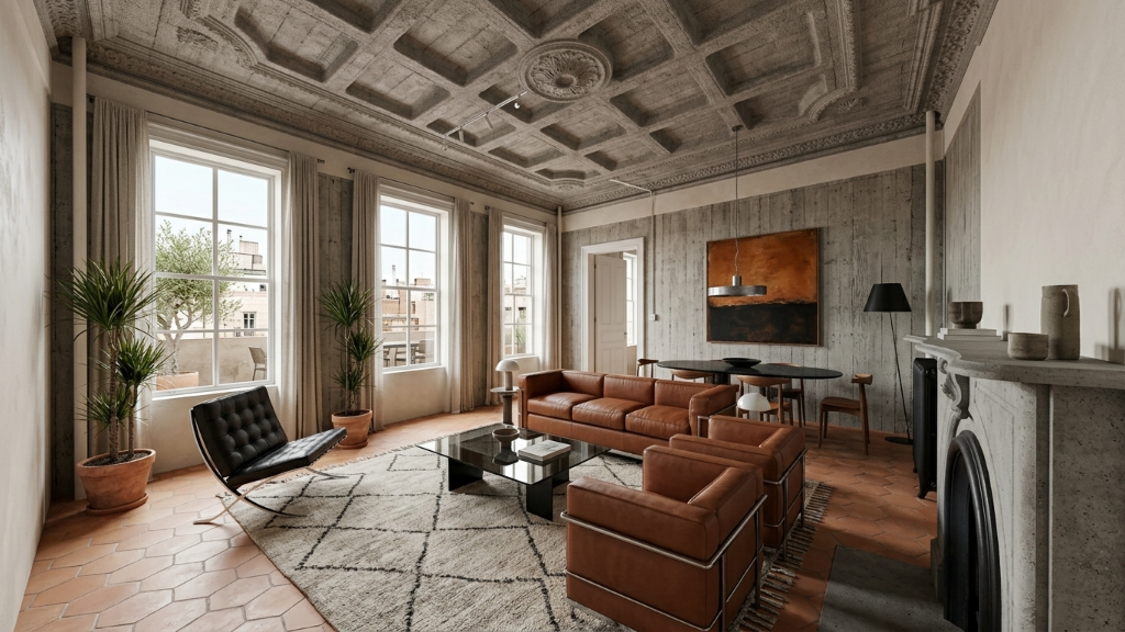 Raw luxe parlor with leather furniture and concrete walls