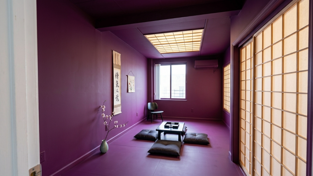 Dramatic all-purple meditation room with shoji screens, floor cushions, and Japanese calligraphy