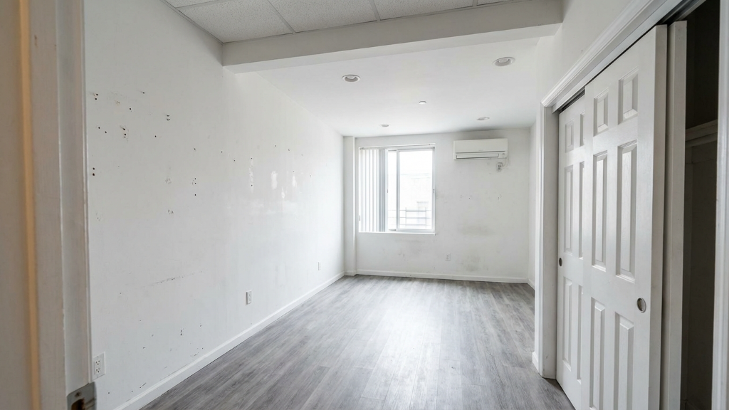 Empty white room with grey vinyl plank floors and drop ceiling