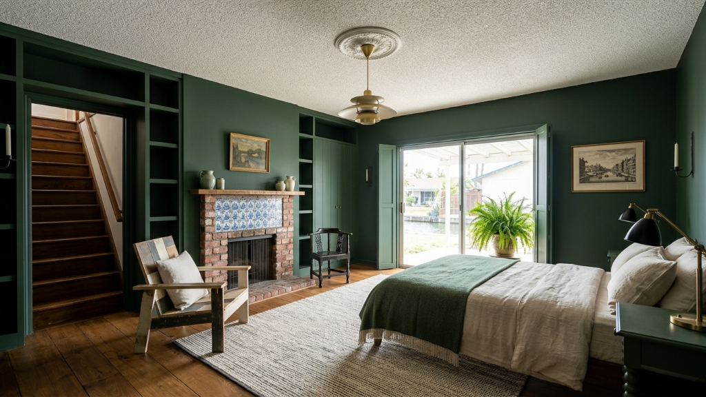 Hunter green bedroom with built-in shelves and Delft tile fireplace