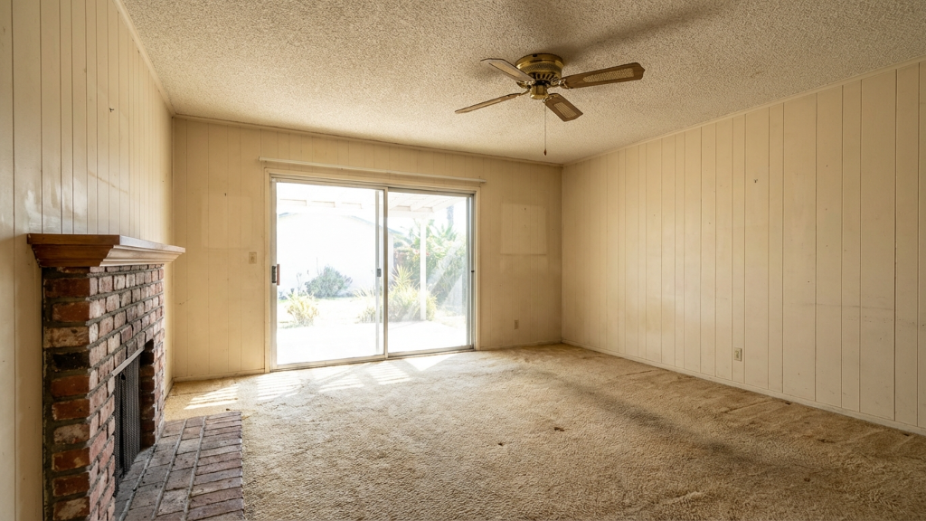 Dated ranch living room with paneling and ceiling fan
