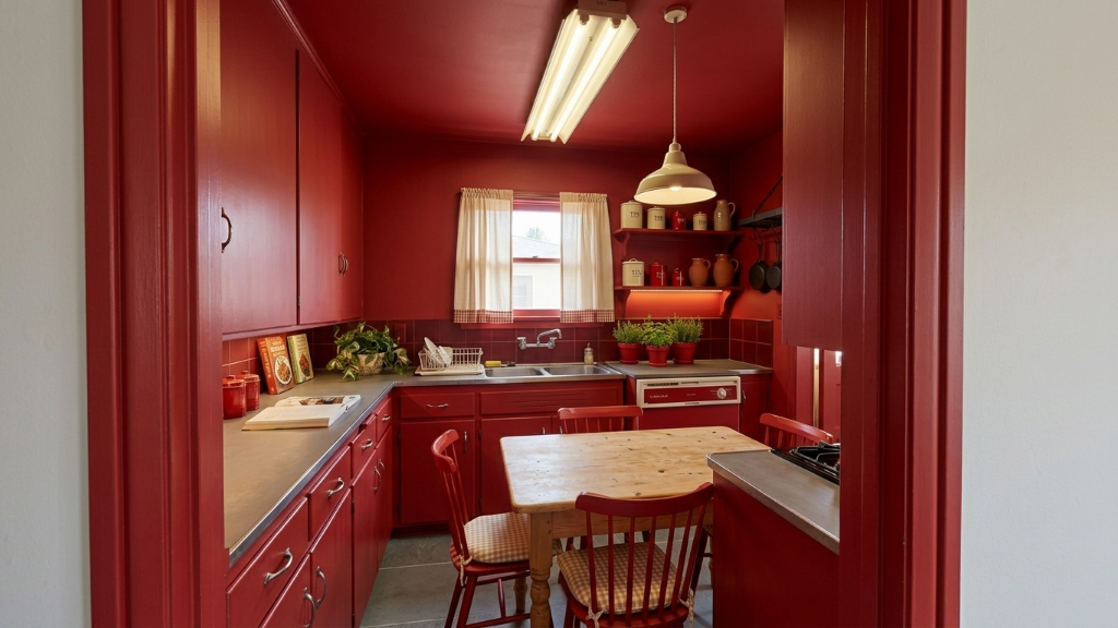Bold crimson cottage kitchen with all-red cabinetry and farmhouse table