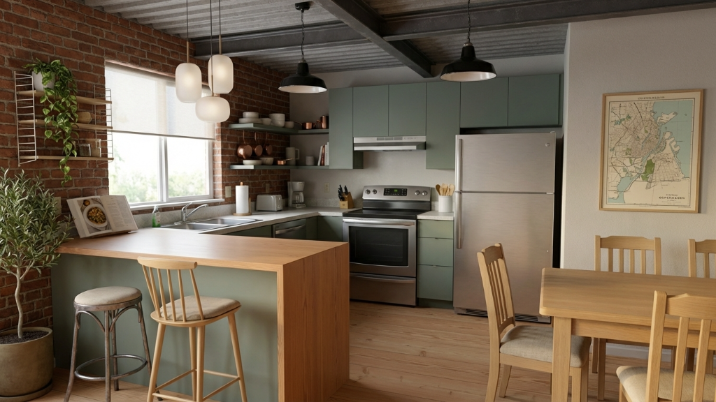 Industrial kitchen with sage green cabinets and brick