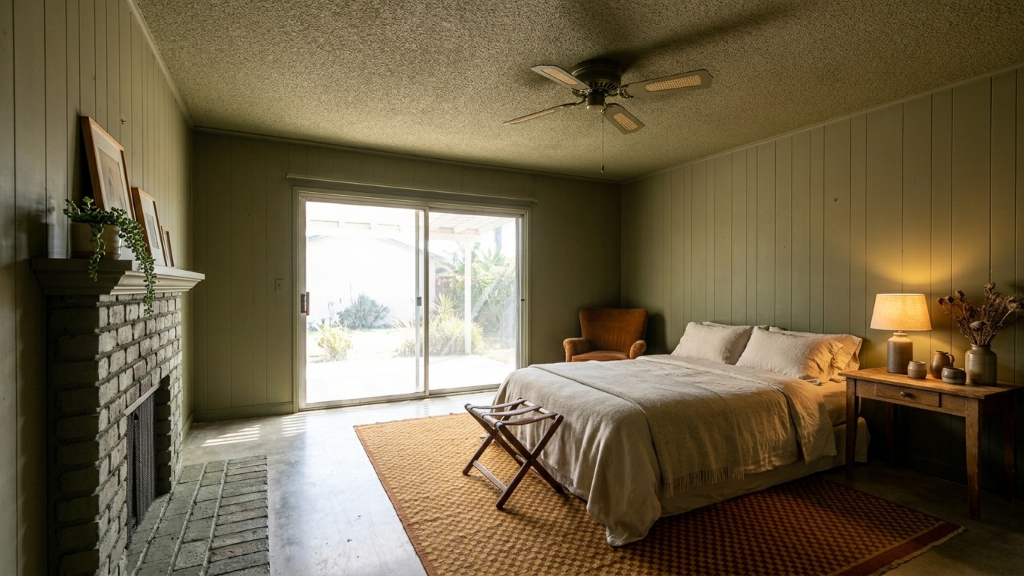 Serene sage bedroom with olive walls, concrete floors, and cognac leather chair