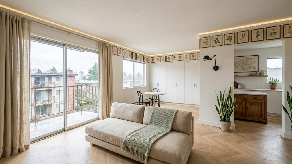 Light gallery-style studio apartment with botanical print frieze, linen daybed, and herringbone oak floor