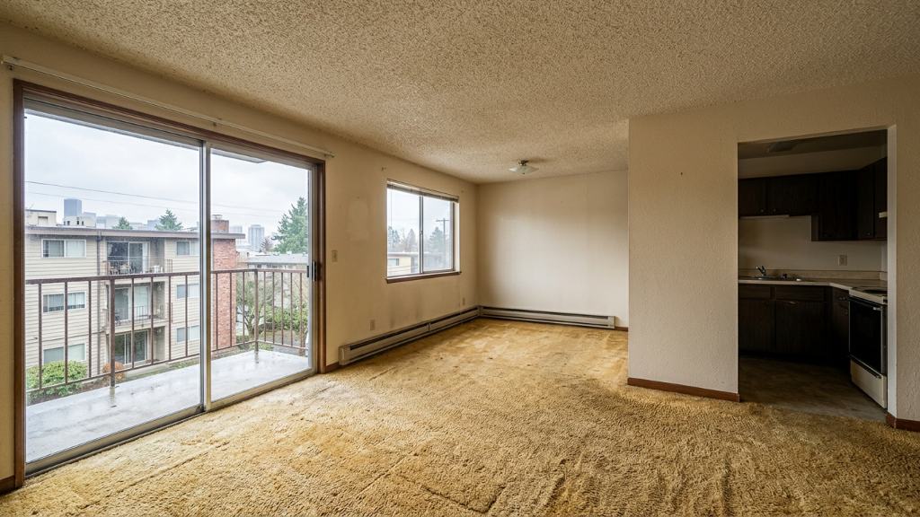 Empty carpeted studio apartment with sliding balcony door, popcorn ceiling, and dated kitchen alcove