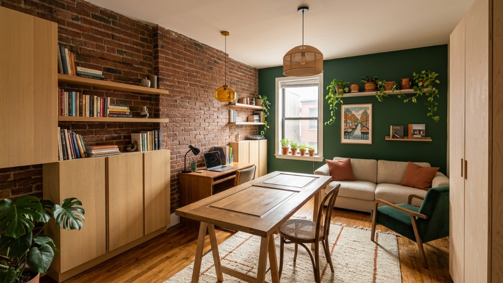Calm creative studio with brick wall, forest green accent wall, oak shelving, trestle desk, and plants