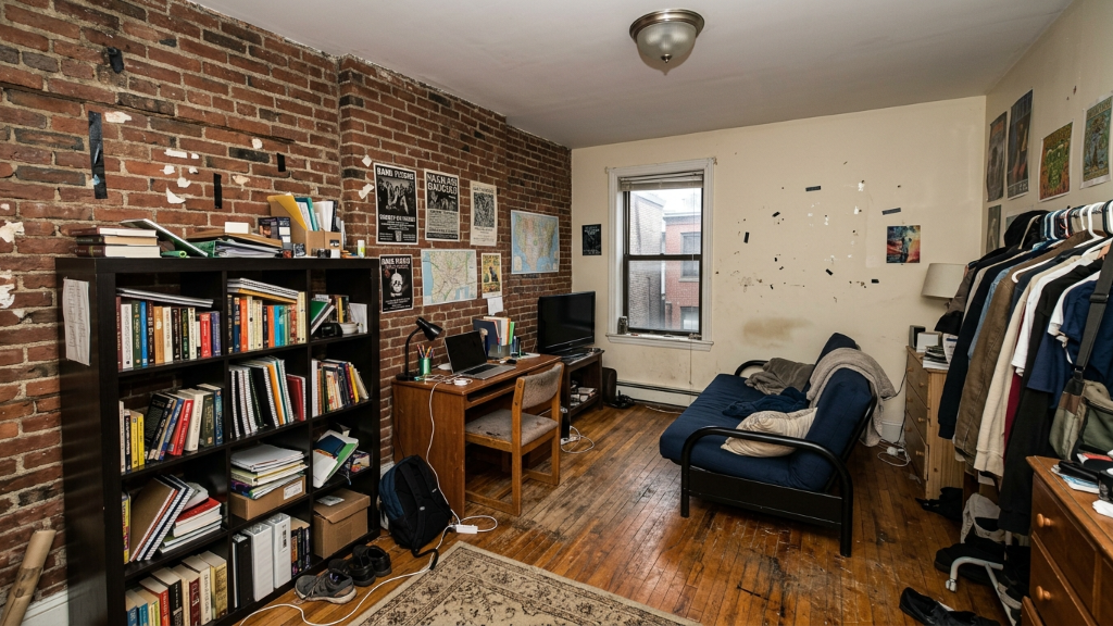 Cluttered college studio apartment with exposed brick wall, futon, posters, and overflowing bookshelves