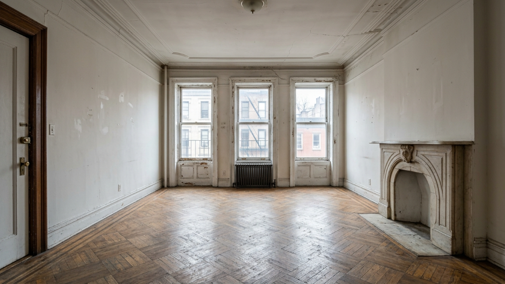 Empty prewar brownstone studio with white walls, herringbone floor, and original marble fireplace
