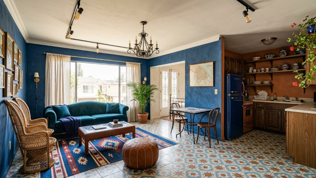 Vibrant folk-collected studio with cobalt walls, teal velvet sofa, iron chandelier, and encaustic tile floor
