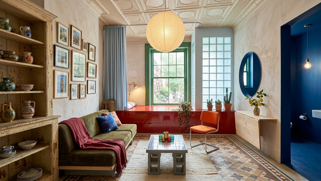 Eclectic studio apartment with red built-in banquette, gallery wall, paper lantern, and cobalt blue powder room