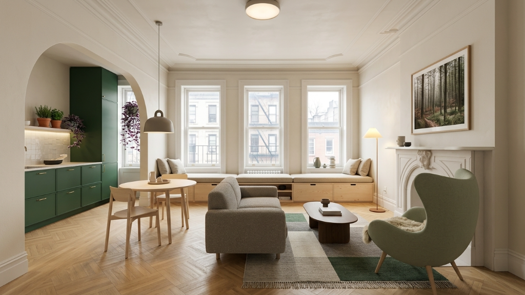 Serene Scandi brownstone studio with forest green kitchen, oak window bench, and sage egg chair