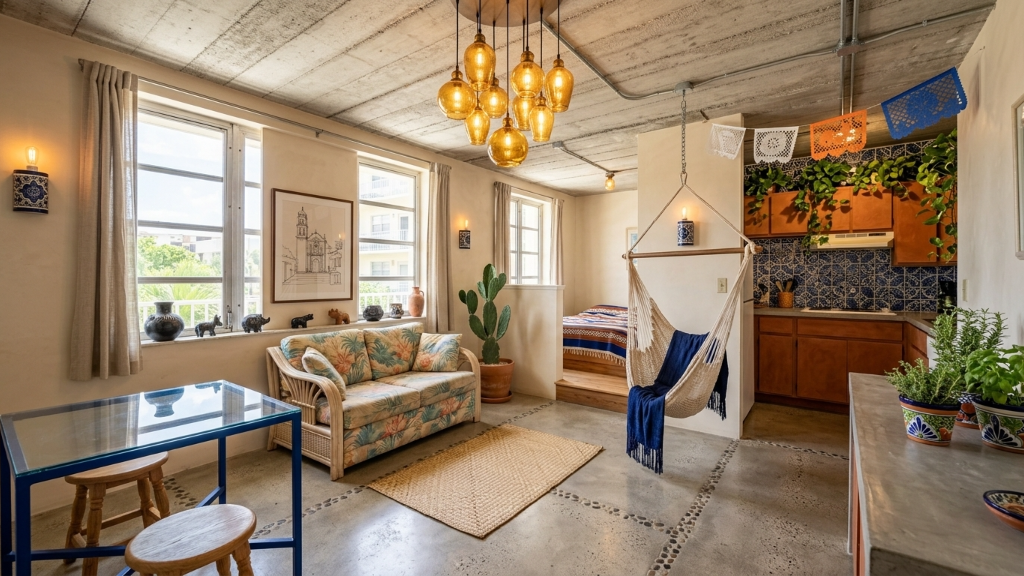 Vibrant Mexican folk studio with concrete ceiling, amber glass pendants, talavera tile, and hammock chair