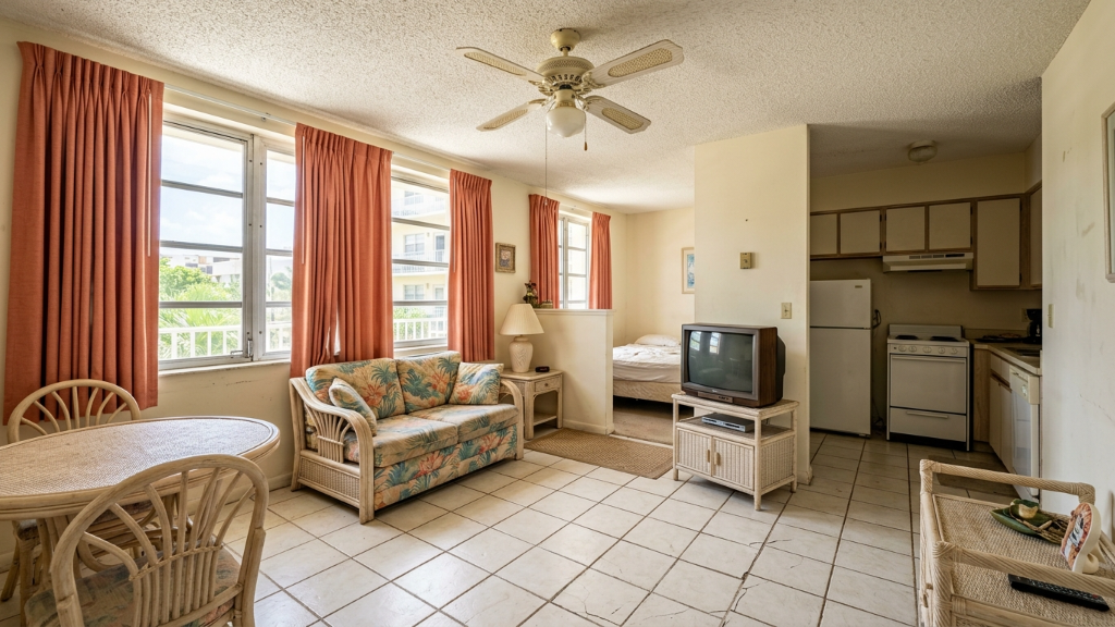 Dated 80s rental studio with rattan loveseat, peach curtains, ceiling fan, CRT TV, and white tile floor