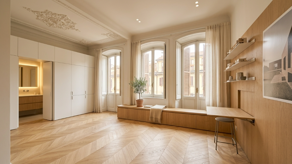 Restored palazzo studio with chevron oak floor, integrated bench and desk, white millwork, and olive tree